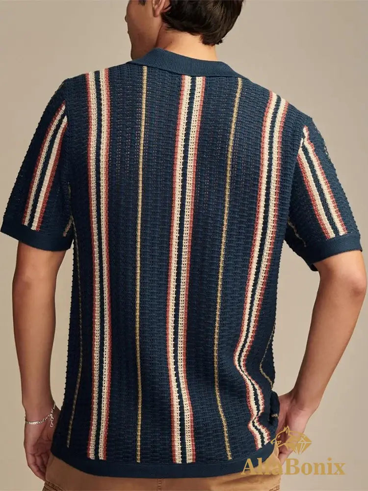 2025 Spring Summer Stylish Striped Shirts Men Knitted Short Sleeve Lapel Buttoned Cardigan Tops Mens Casual Slim Fit