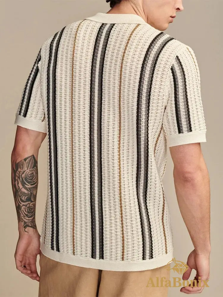 2025 Spring Summer Stylish Striped Shirts Men Knitted Short Sleeve Lapel Buttoned Cardigan Tops Mens Casual Slim Fit