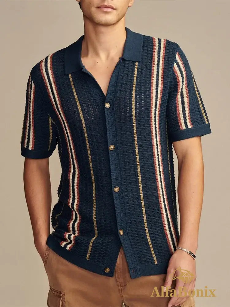 2025 Spring Summer Stylish Striped Shirts Men Knitted Short Sleeve Lapel Buttoned Cardigan Tops Mens Casual Slim Fit