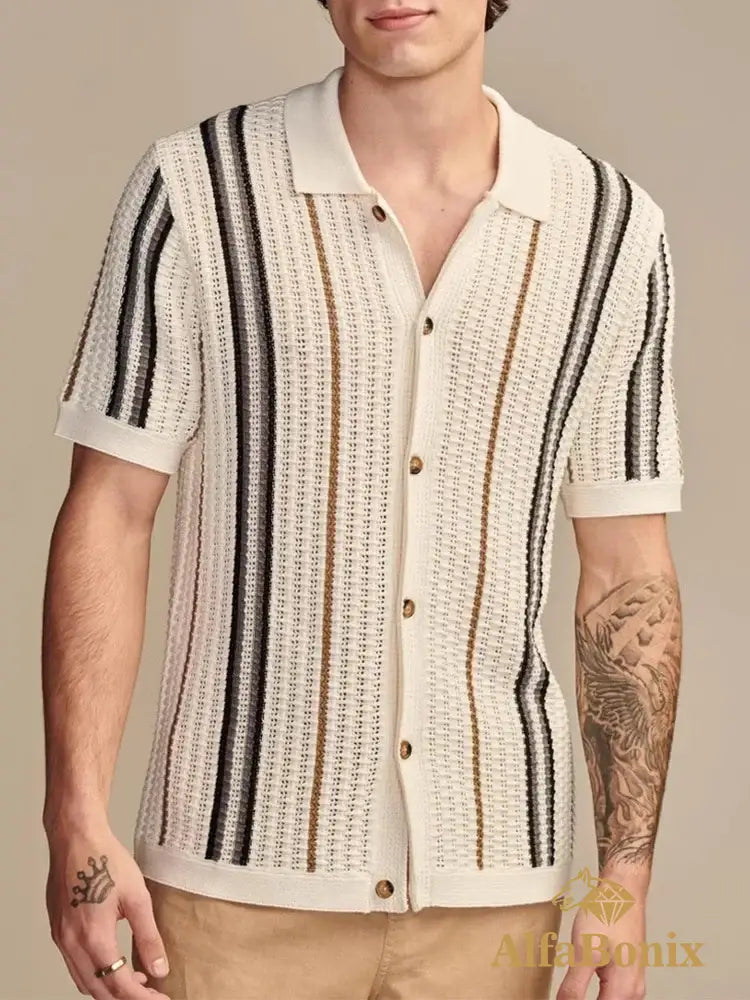 2025 Spring Summer Stylish Striped Shirts Men Knitted Short Sleeve Lapel Buttoned Cardigan Tops Mens Casual Slim Fit