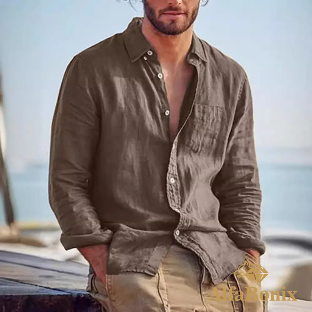 2024 New Summer Standing-collar Cotton and Linen Casual Shirt Youth Cotton and Linen Solid Color Slim-fit Ordinary