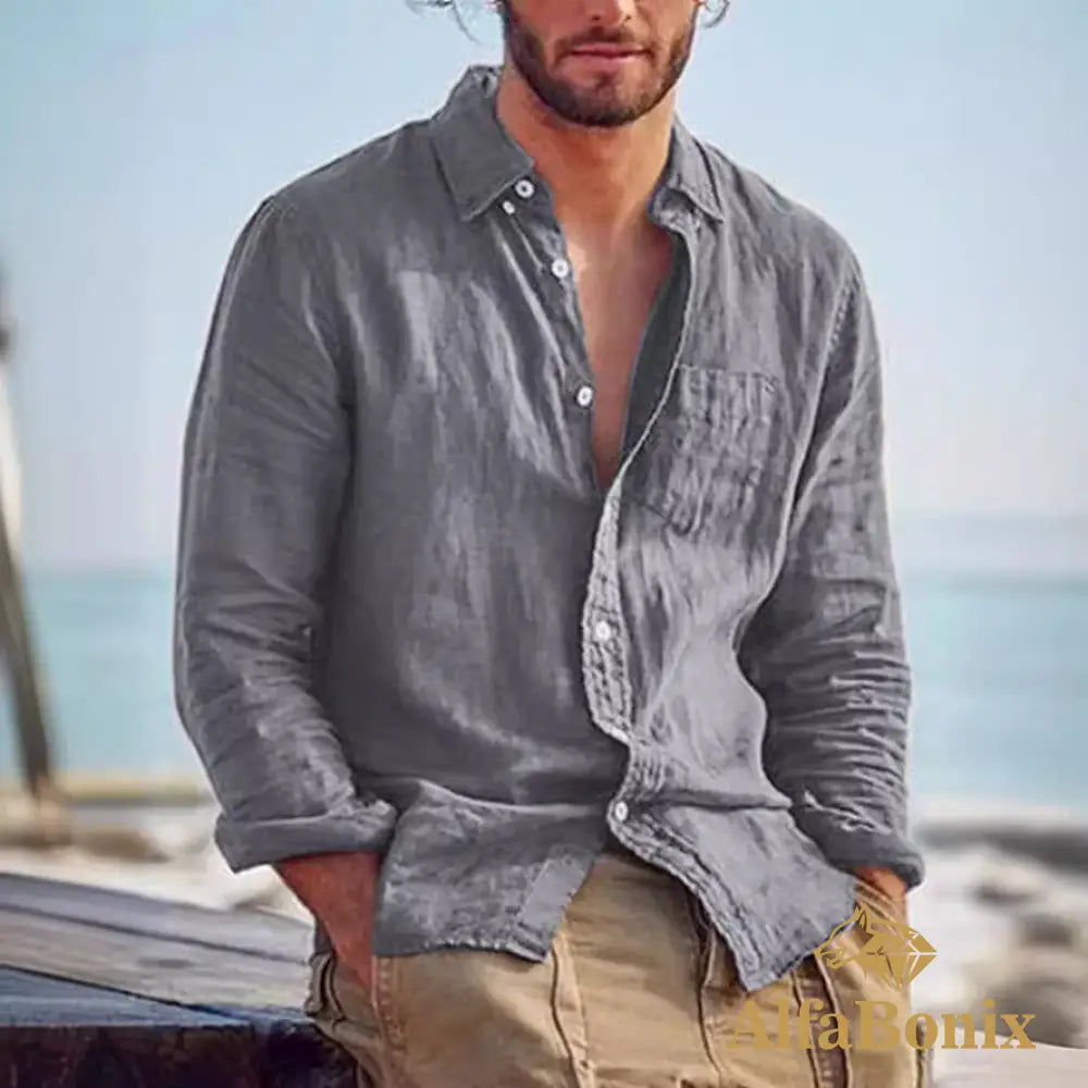 2024 New Summer Standing-collar Cotton and Linen Casual Shirt Youth Cotton and Linen Solid Color Slim-fit Ordinary