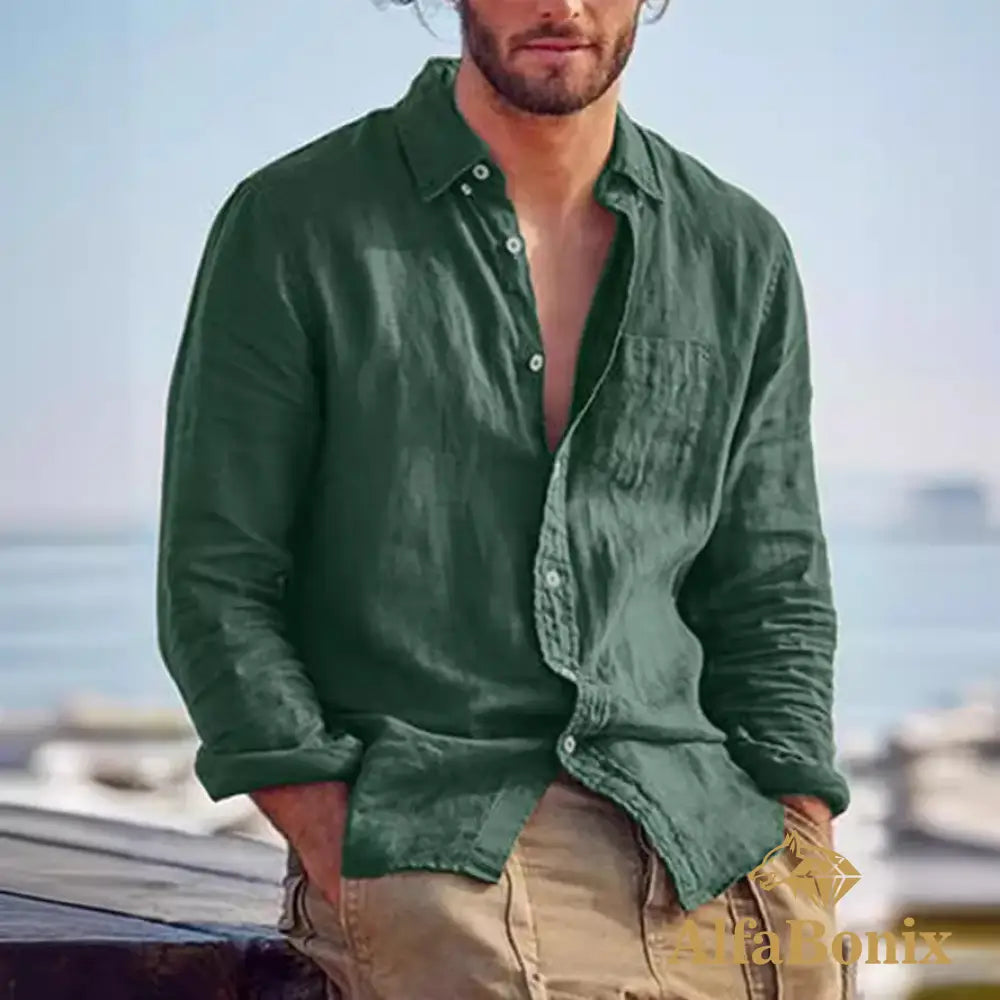 2024 New Summer Standing-collar Cotton and Linen Casual Shirt Youth Cotton and Linen Solid Color Slim-fit Ordinary