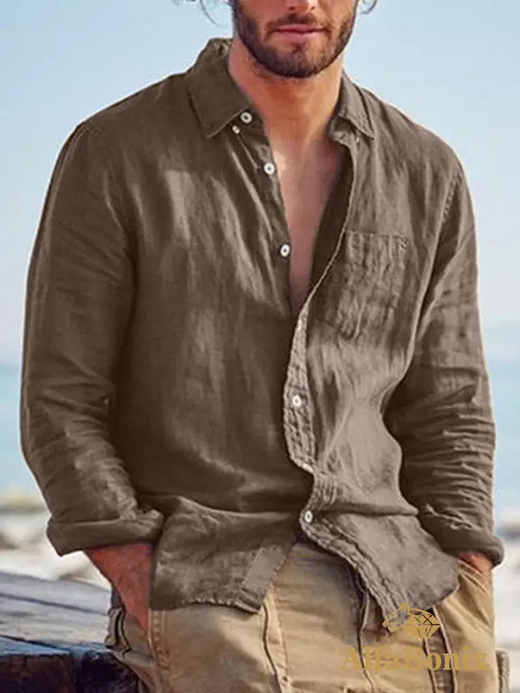 2024 New Summer Standing-collar Cotton and Linen Casual Shirt Youth Cotton and Linen Solid Color Slim-fit Ordinary