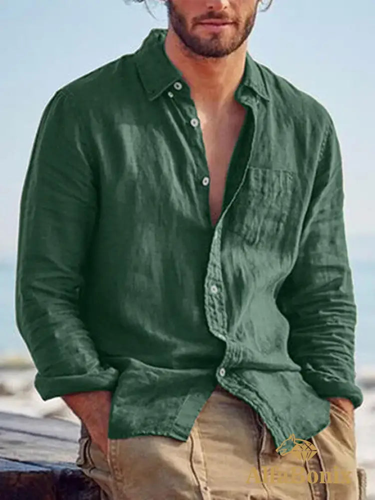 2024 New Summer Standing-collar Cotton and Linen Casual Shirt Youth Cotton and Linen Solid Color Slim-fit Ordinary