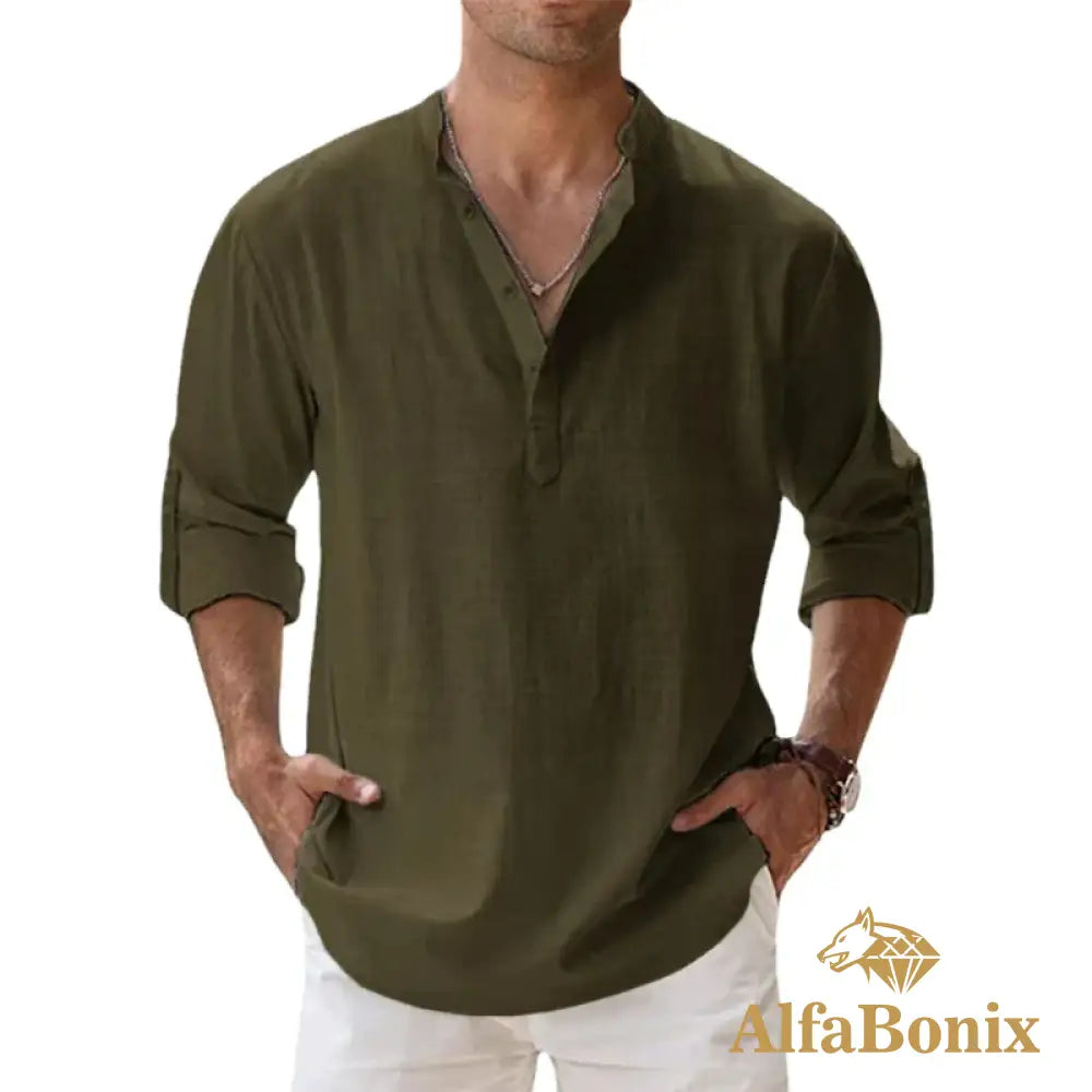 New Cotton Linen Shirts For Men Casual Lightweight Long Sleeve Henley Beach Hawaiian T