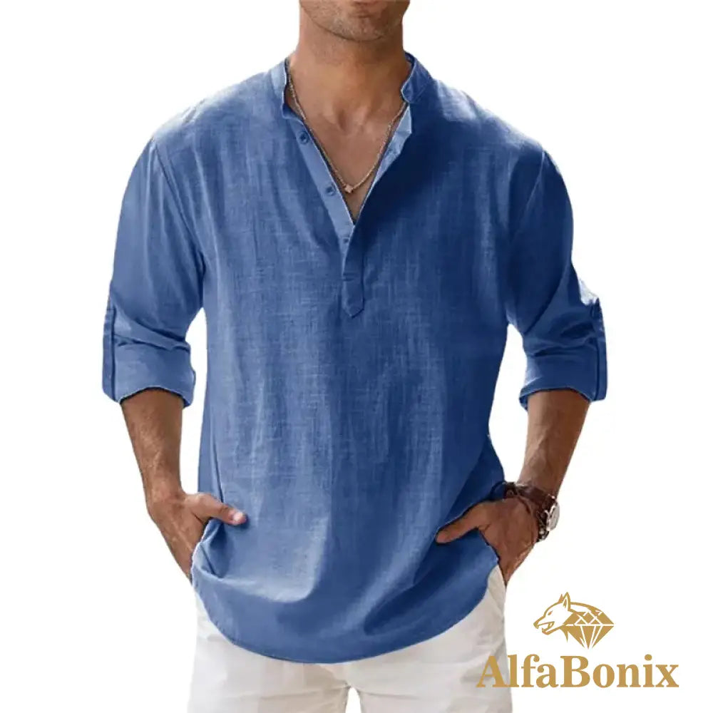 New Cotton Linen Shirts For Men Casual Lightweight Long Sleeve Henley Beach Hawaiian T