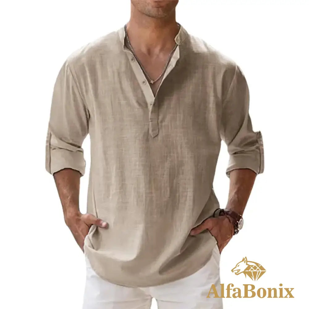 New Cotton Linen Shirts For Men Casual Lightweight Long Sleeve Henley Beach Hawaiian T