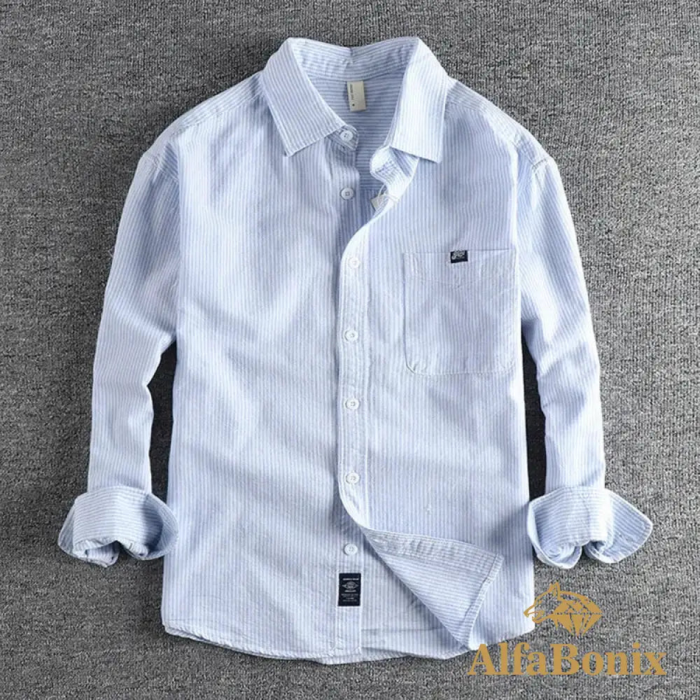 Autumn New Vintage Trendy Men’s Striped Long Sleeve Shirt Simple Pocket Artistic Commuting Casual Versatile Shirt