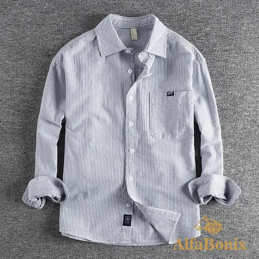 Autumn New Vintage Trendy Men’s Striped Long Sleeve Shirt Simple Pocket Artistic Commuting Casual Versatile Shirt 3XL