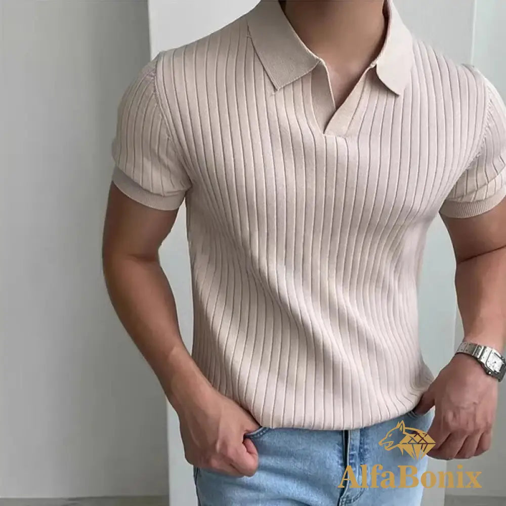 Camisa Polo Masculina Slim Fit - Listrada Decote Em V Estilo Casual Para O Verão Bege / P