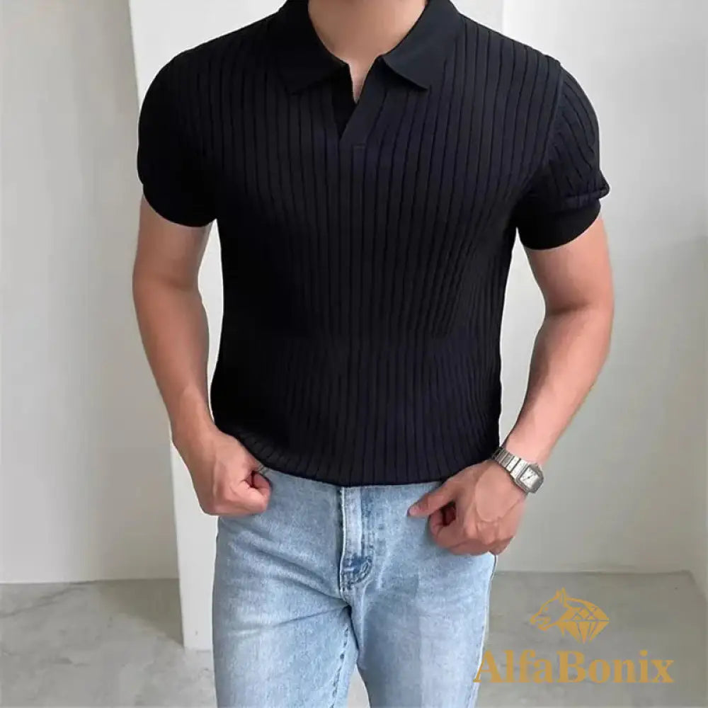 Camisa Polo Masculina Slim Fit - Listrada Decote Em V Estilo Casual Para O Verão Preto / P