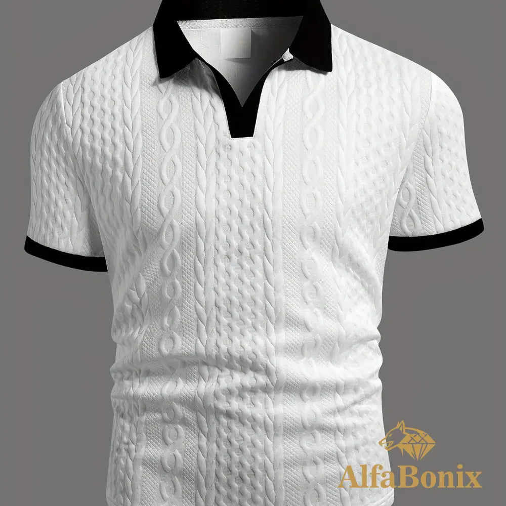 Summer Breathable Italian-style Color-blocked Light-mature Trendy Men’s Shirt with V-neck Slight Stretch Jacquard