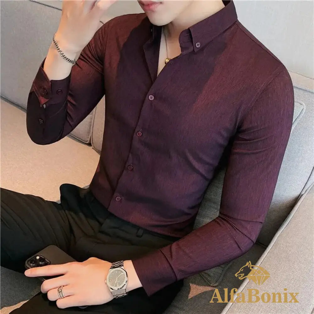 British Style Men Long Sleeved Shirt 2023 Autumn Anti-Wrinkle Soft Solid Casual Elastic Slim Fit