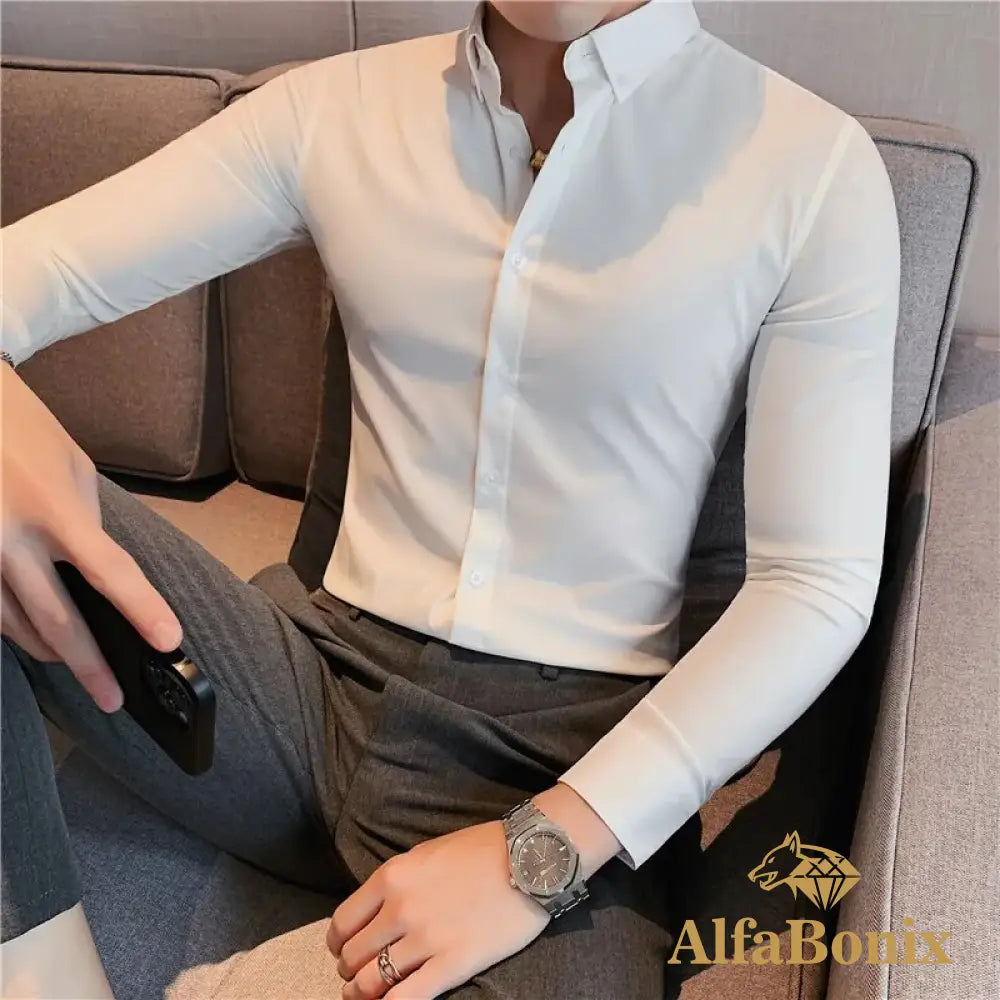 British Style Men Long Sleeved Shirt 2023 Autumn Anti-Wrinkle Soft Solid Casual Elastic Slim Fit