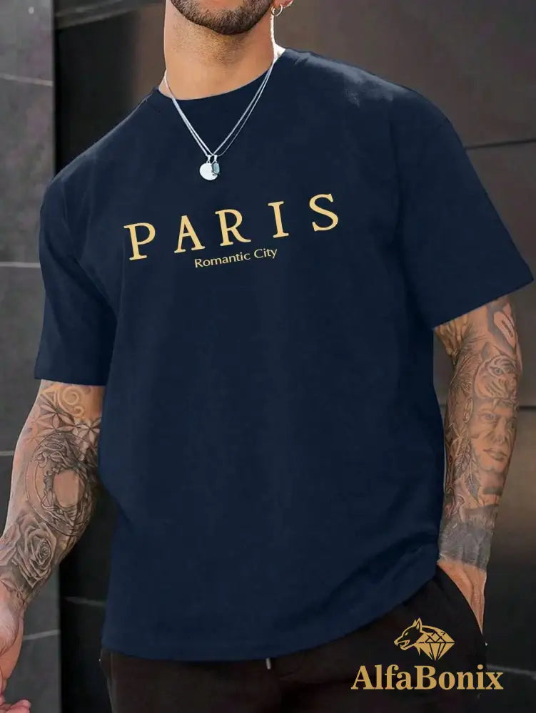 Paris Romantic City Letter Graphic Print Tees Men T-Shirt Summer Loose Clothing Cotton Oversize
