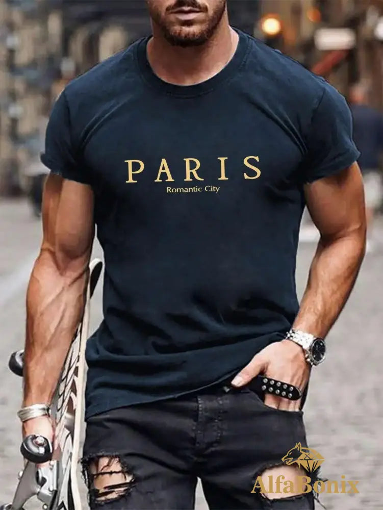 Paris Romantic City Letter Graphic Print Tees Men T-Shirt Summer Loose Clothing Cotton Oversize