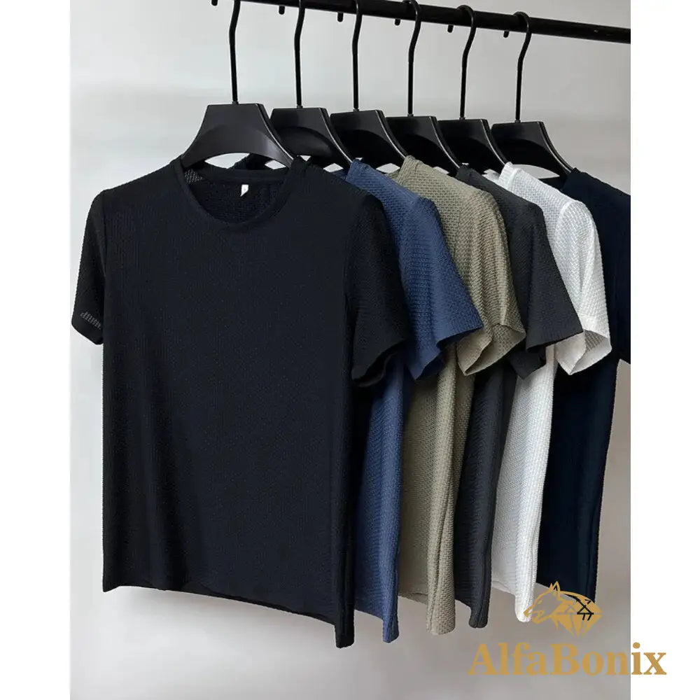 High-End Ice Silk Breathable Short Sleeved T-Shirts O Neck Summer Thin Mesh Loose Elasticity T