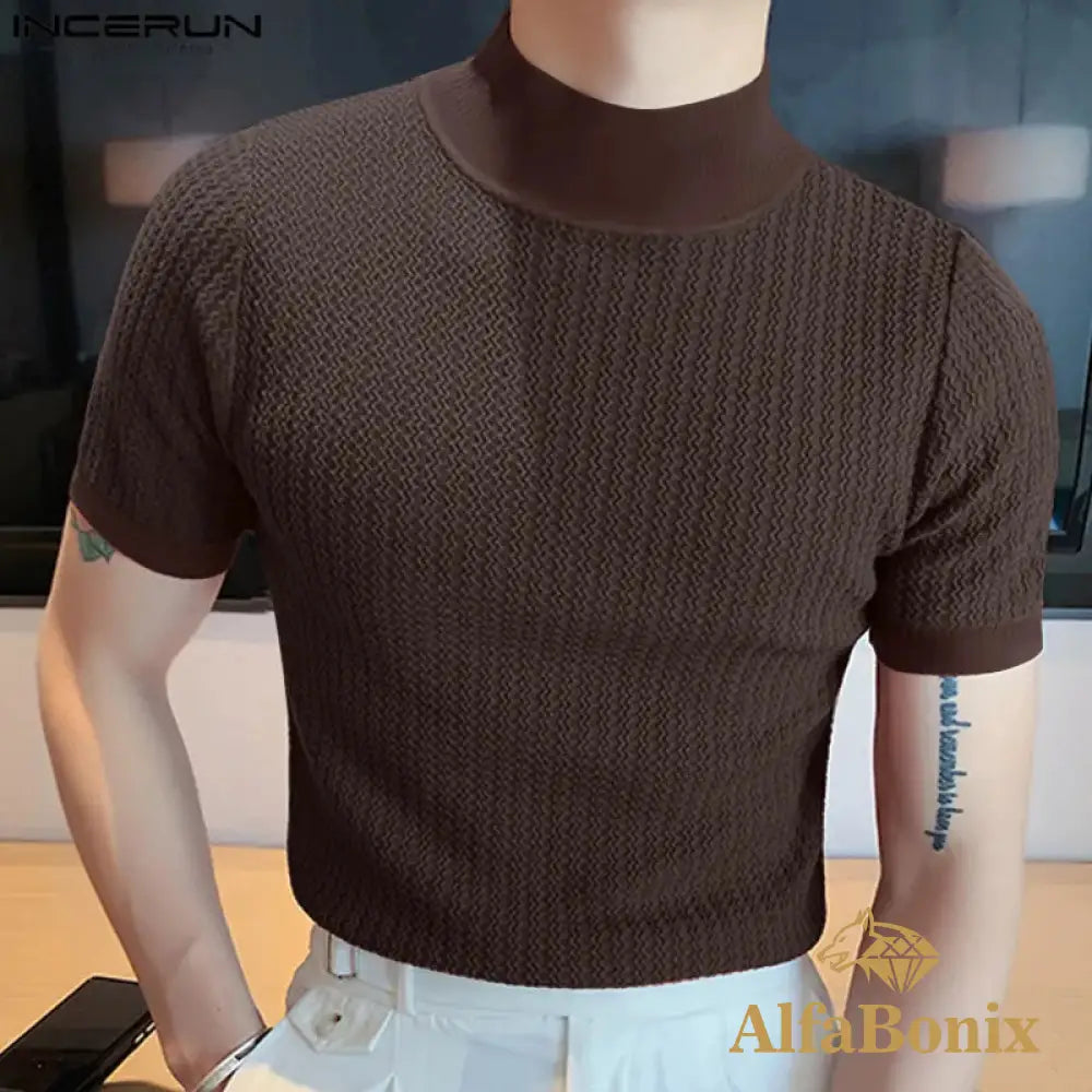 2023 Summer Tight Knited T-Shirt Casual Streetwear High-Neck Solid Color Short-Sleeved Bottoming