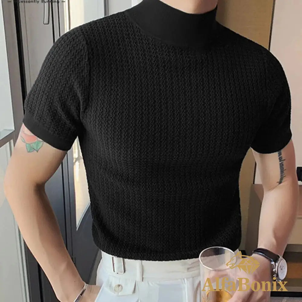 2023 Summer Tight Knited T-Shirt Casual Streetwear High-Neck Solid Color Short-Sleeved Bottoming