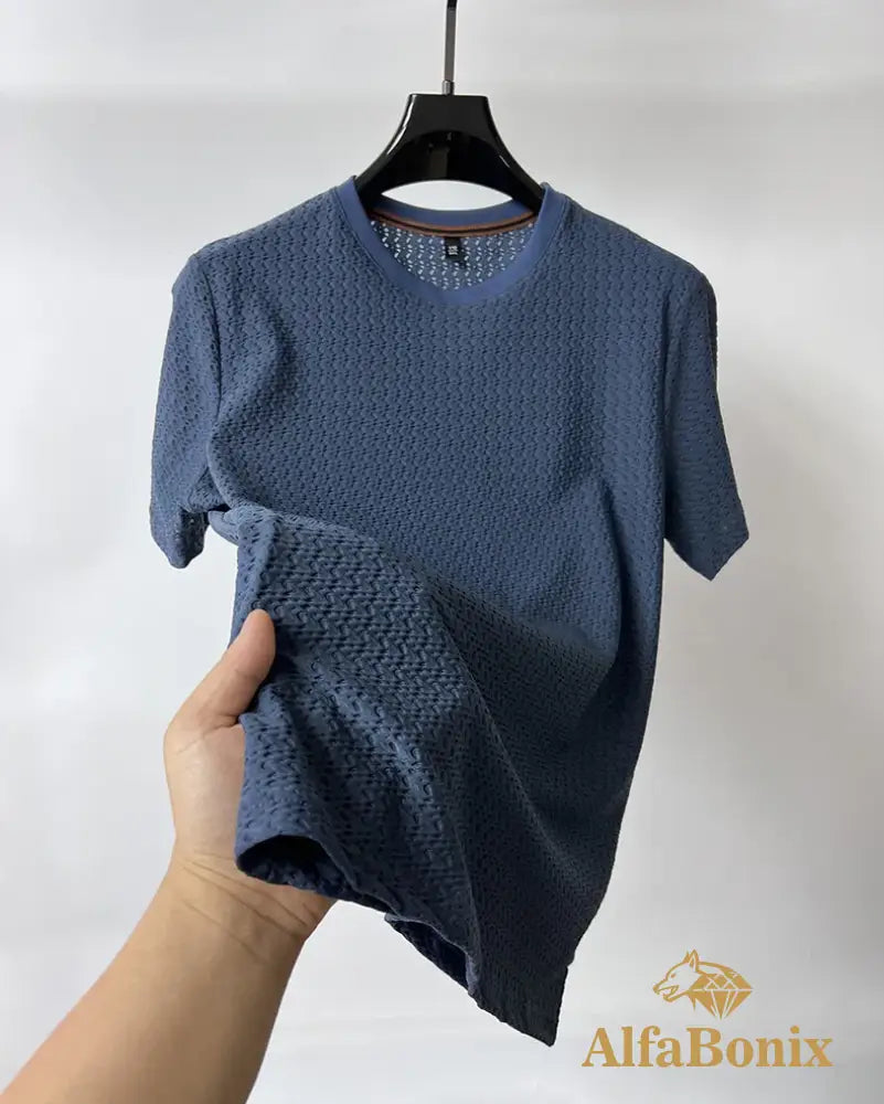 Luxury summer hollow ice silk short sleeve T-shirt men’s brand solid color round neck top silky breathable fashion
