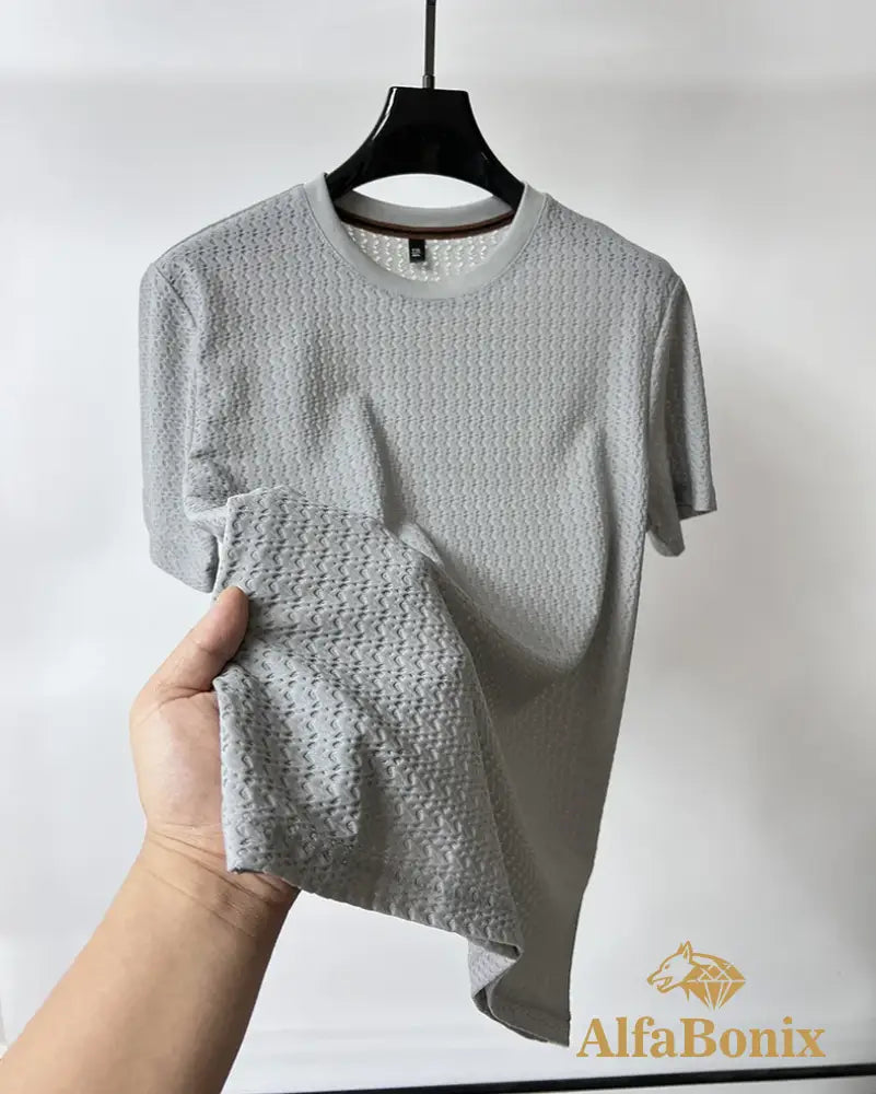 Luxury summer hollow ice silk short sleeve T-shirt men’s brand solid color round neck top silky breathable fashion