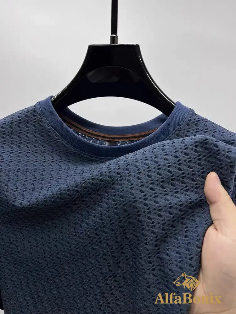 Luxury summer hollow ice silk short sleeve T-shirt men’s brand solid color round neck top silky breathable fashion