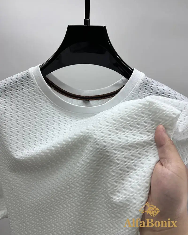 Luxury summer hollow ice silk short sleeve T-shirt men’s brand solid color round neck top silky breathable fashion