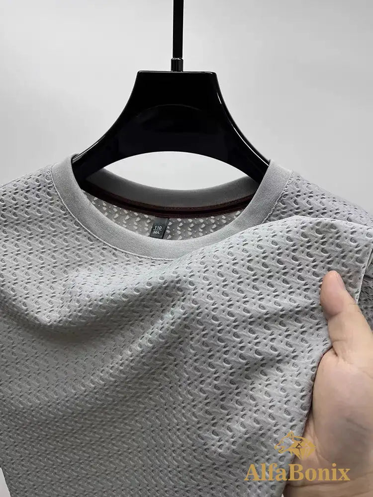 Luxury summer hollow ice silk short sleeve T-shirt men’s brand solid color round neck top silky breathable fashion