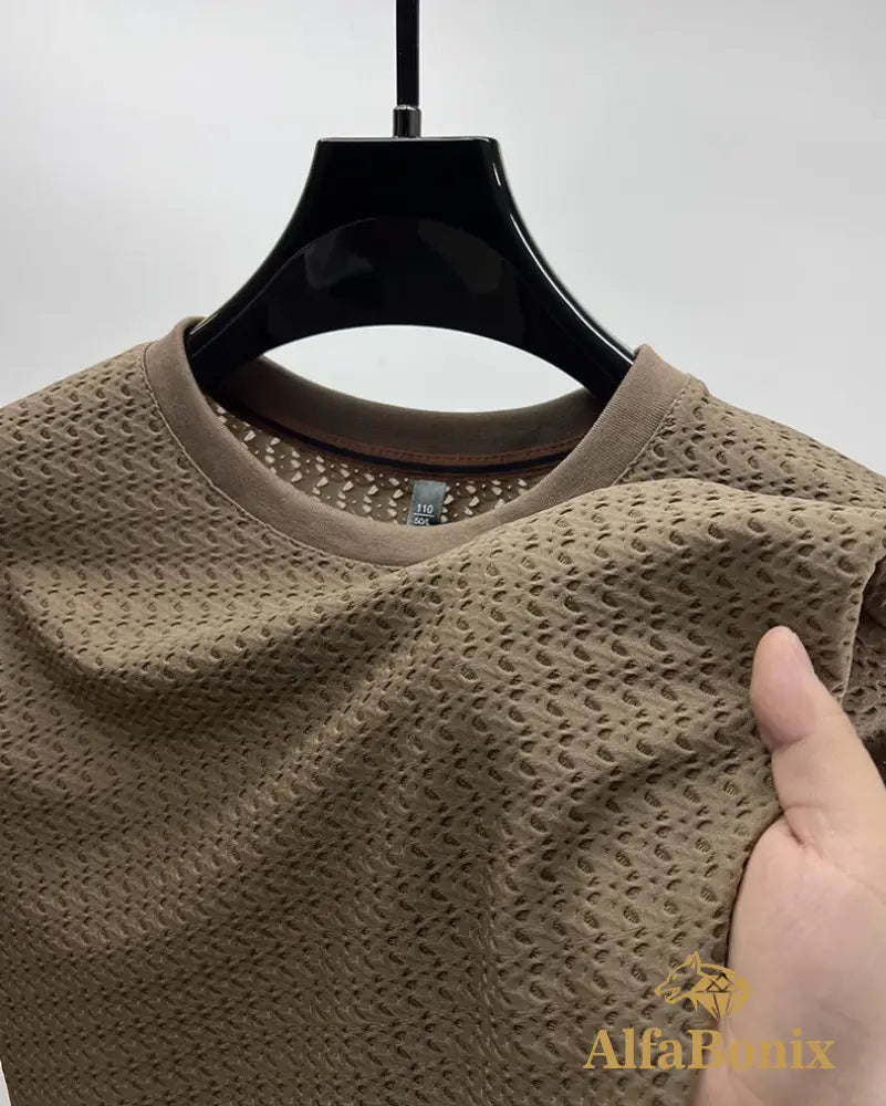 Luxury summer hollow ice silk short sleeve T-shirt men’s brand solid color round neck top silky breathable fashion