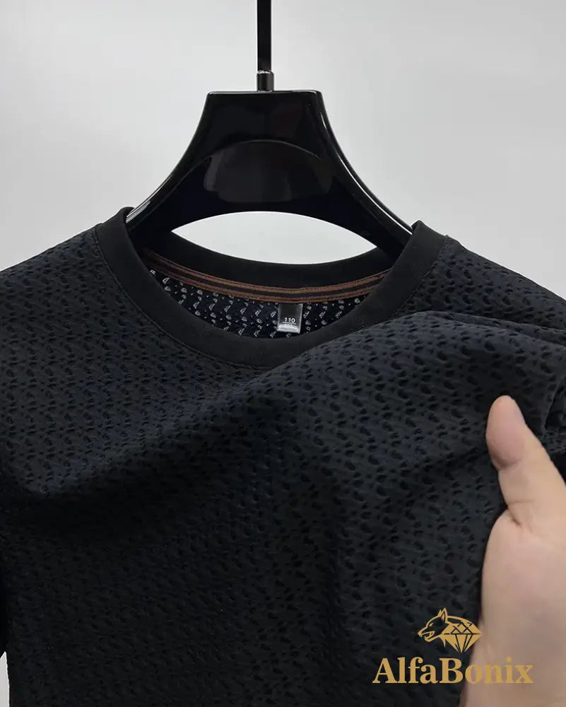 Luxury summer hollow ice silk short sleeve T-shirt men’s brand solid color round neck top silky breathable fashion