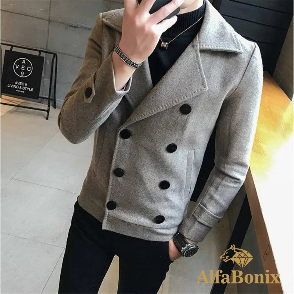 2022 New Fashion Men Double-Breasted Windbreaker Solid Color Slim Short Woolen Coat Winter Casual