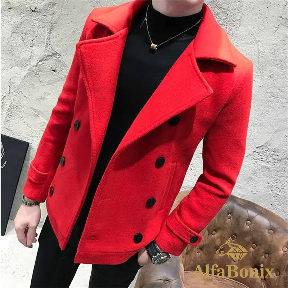 2022 New Fashion Men Double-Breasted Windbreaker Solid Color Slim Short Woolen Coat Winter Casual