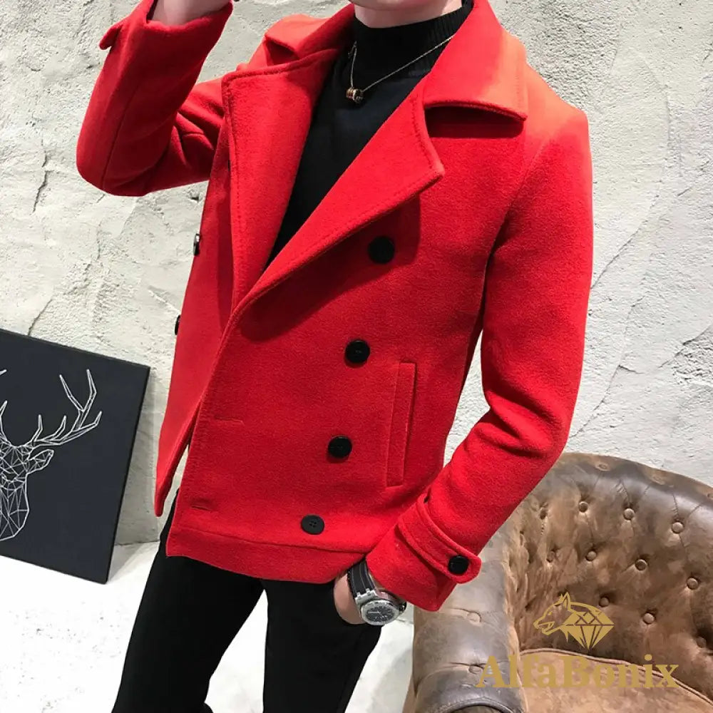 2022 New Fashion Men Double-Breasted Windbreaker Solid Color Slim Short Woolen Coat Winter Casual