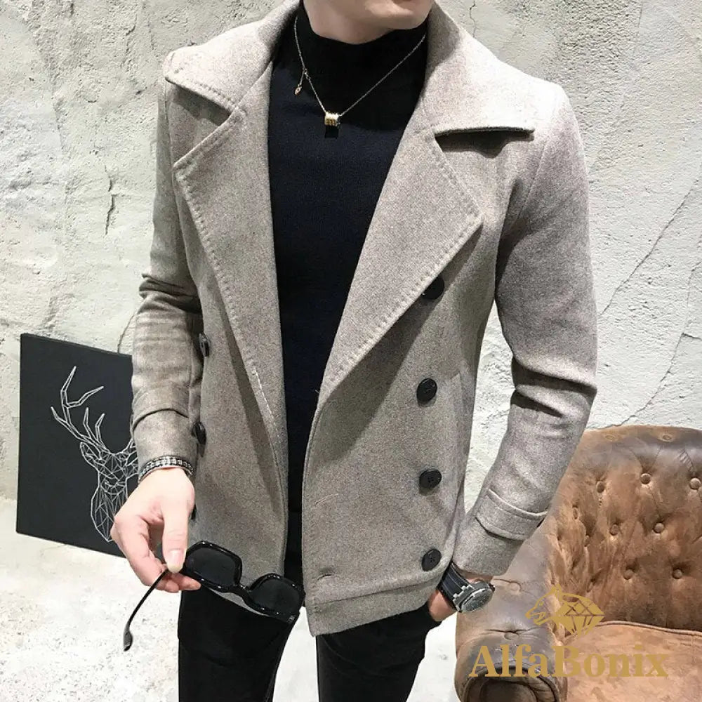 2022 New Fashion Men Double-Breasted Windbreaker Solid Color Slim Short Woolen Coat Winter Casual