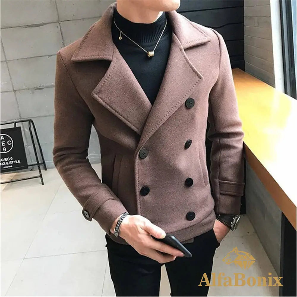 2022 New Fashion Men Double-Breasted Windbreaker Solid Color Slim Short Woolen Coat Winter Casual