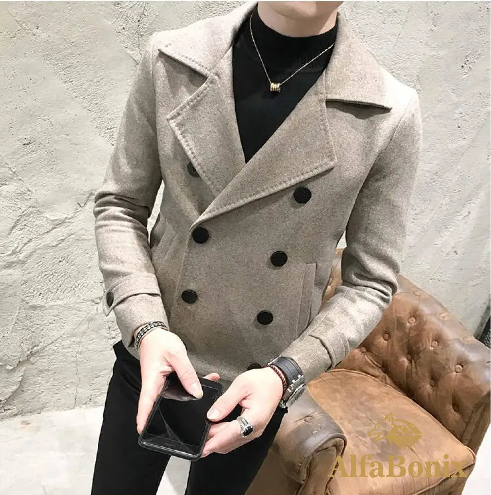 2022 New Fashion Men Double-Breasted Windbreaker Solid Color Slim Short Woolen Coat Winter Casual