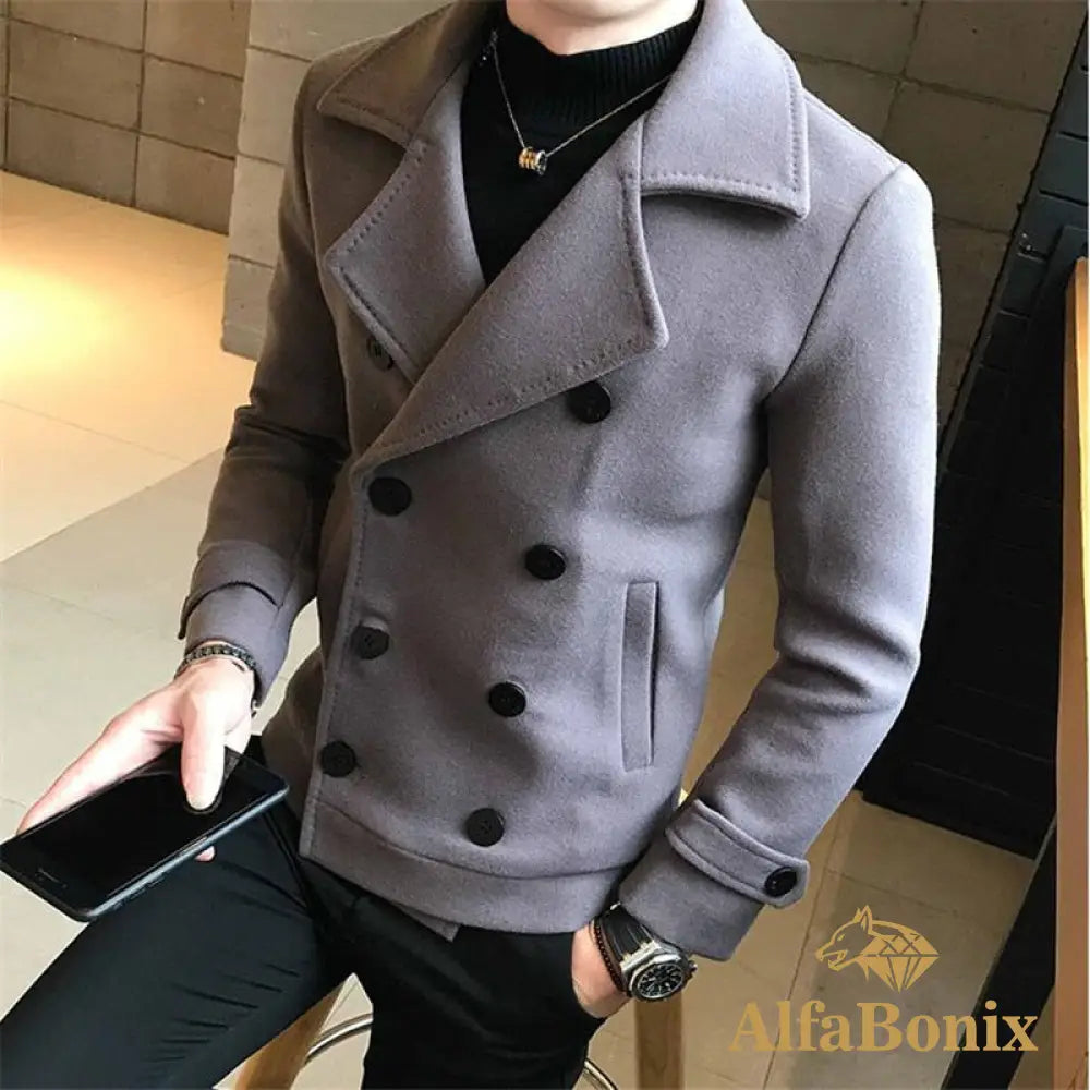 2022 New Fashion Men Double-Breasted Windbreaker Solid Color Slim Short Woolen Coat Winter Casual