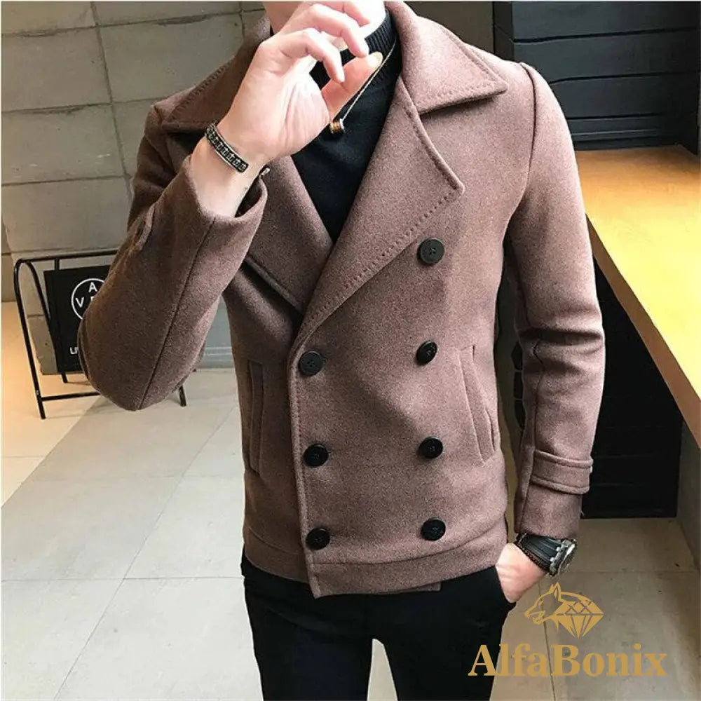 2022 New Fashion Men Double-Breasted Windbreaker Solid Color Slim Short Woolen Coat Winter Casual