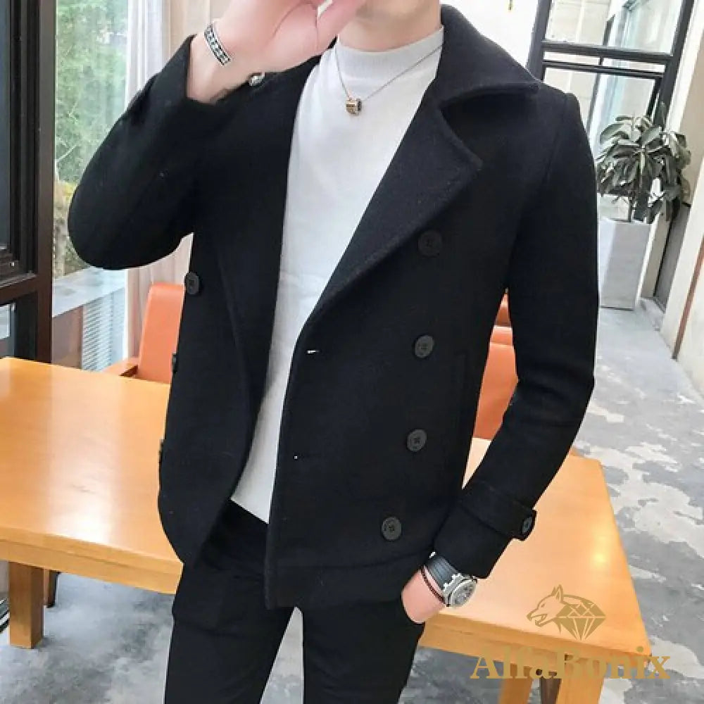 2022 New Fashion Men Double-Breasted Windbreaker Solid Color Slim Short Woolen Coat Winter Casual