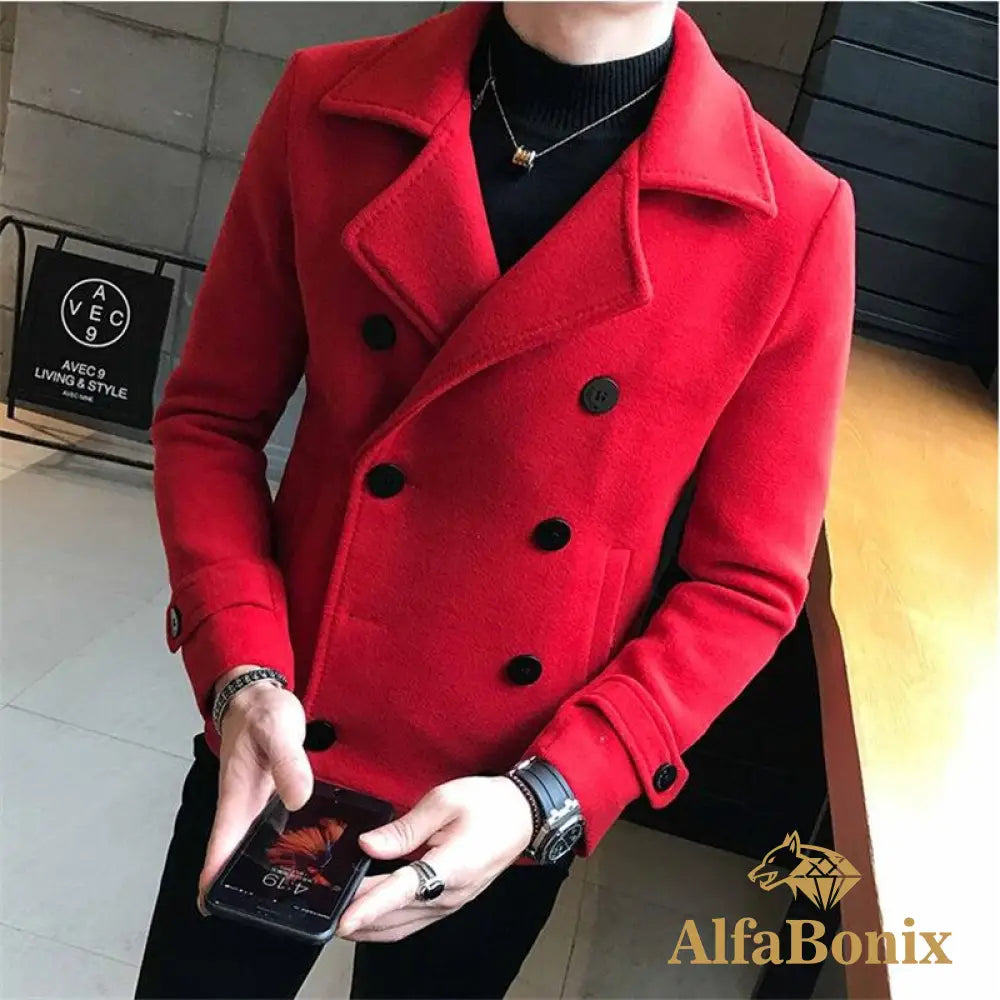 2022 New Fashion Men Double-Breasted Windbreaker Solid Color Slim Short Woolen Coat Winter Casual