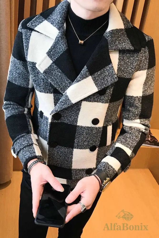 Men&#39;S Short Woolen Coat For Fall/Winter 2022 High-Quality Fashion Double-Breasted Plaid Business