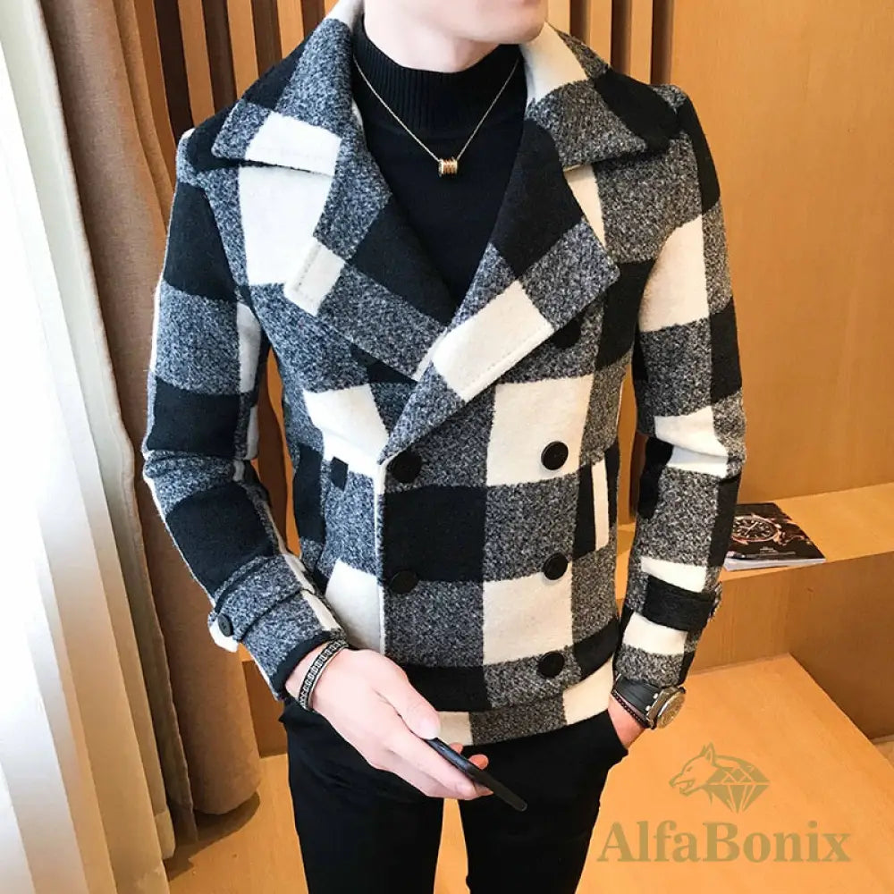 Men&#39;S Short Woolen Coat For Fall/Winter 2022 High-Quality Fashion Double-Breasted Plaid Business