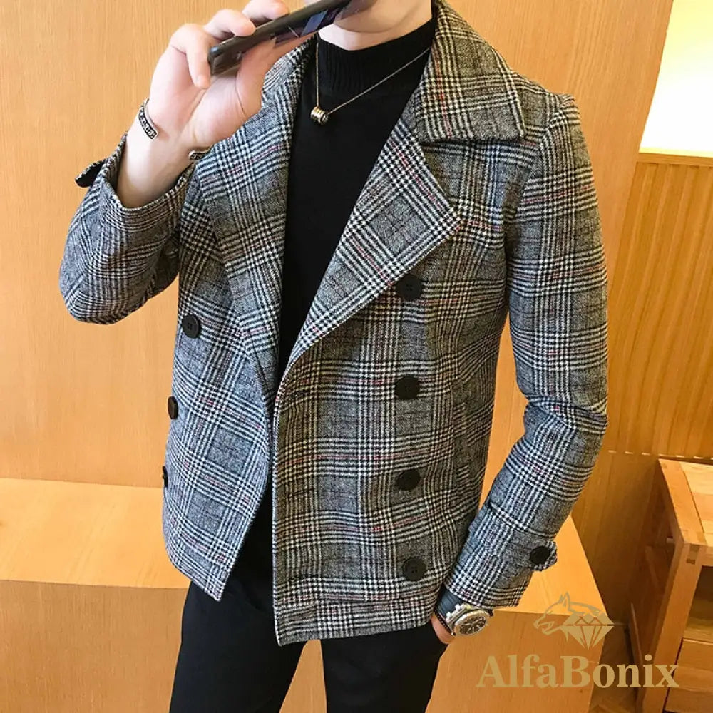 Men&#39;S Short Woolen Coat For Fall/Winter 2022 High-Quality Fashion Double-Breasted Plaid Business