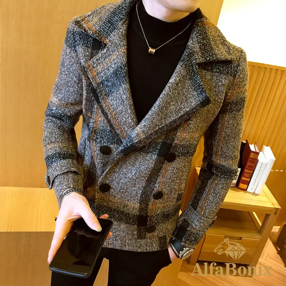 Men&#39;S Short Woolen Coat For Fall/Winter 2022 High-Quality Fashion Double-Breasted Plaid Business