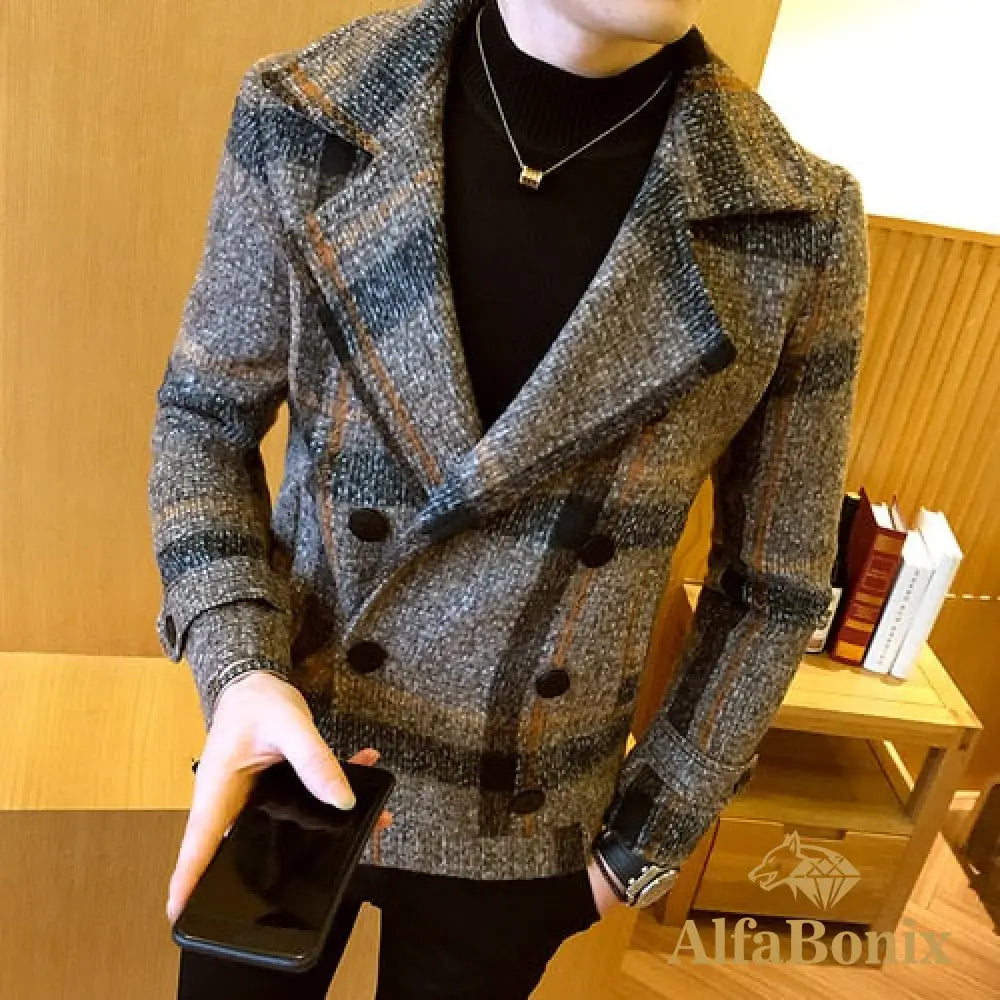 Men&#39;S Short Woolen Coat For Fall/Winter 2022 High-Quality Fashion Double-Breasted Plaid Business