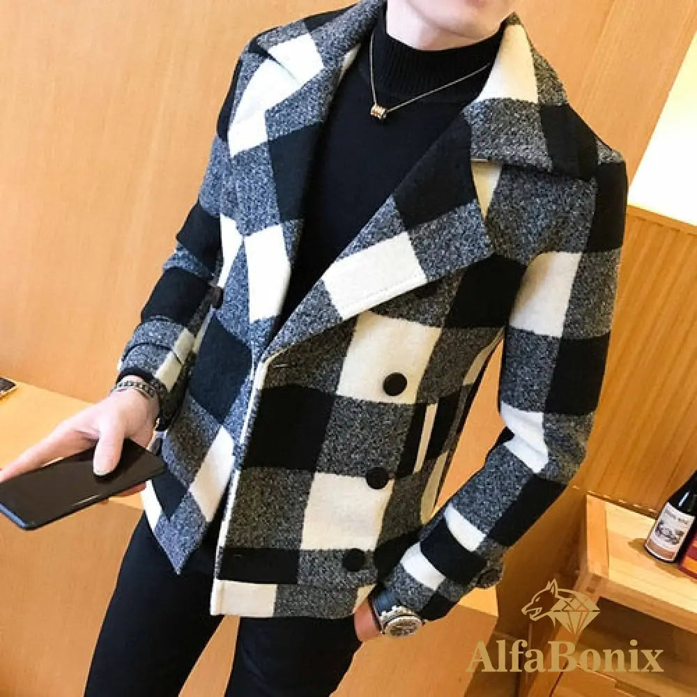 Men&#39;S Short Woolen Coat For Fall/Winter 2022 High-Quality Fashion Double-Breasted Plaid Business