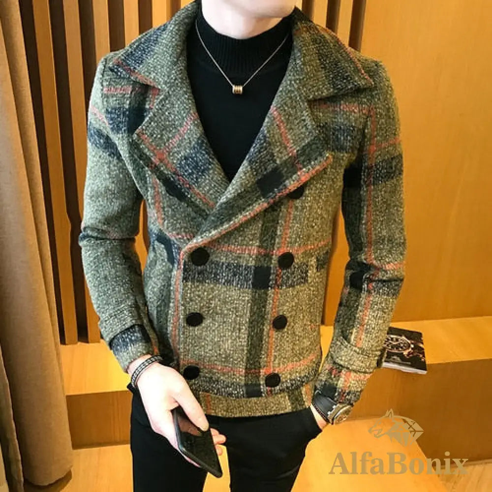 Men&#39;S Short Woolen Coat For Fall/Winter 2022 High-Quality Fashion Double-Breasted Plaid Business