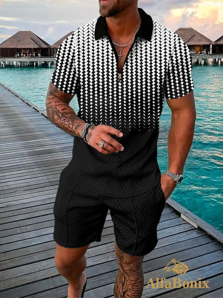 Mens Casual Black Matrix Pattern Printed Polo Suit M