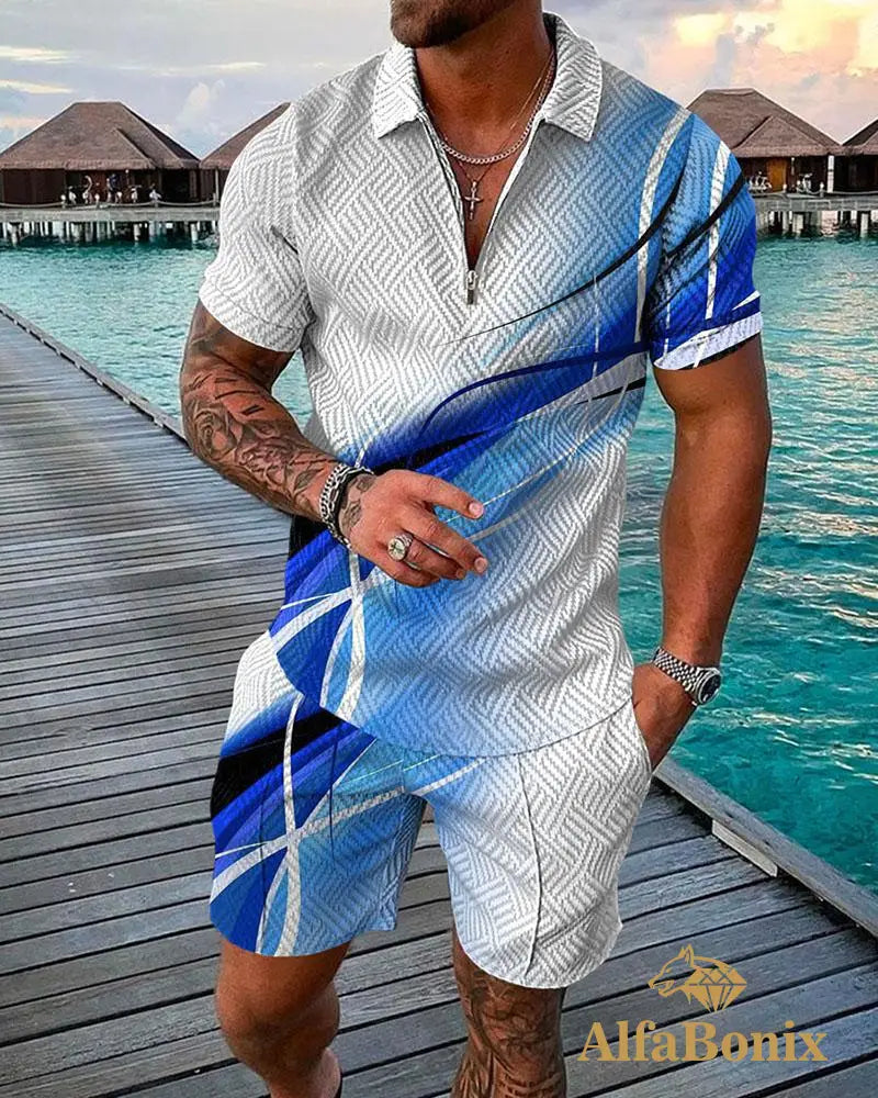 Mens Casual Blue Neon Patterns Polo Suit M